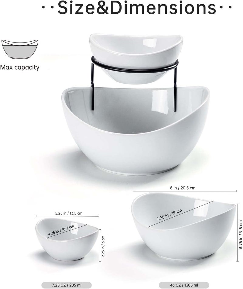 UNICASA Serving Bowls Set 2 Tier Chip and Dip Bowls with Metal Rack Stand for Fruit Salad Candy Snacks  Ceramic Tiered Appetizer Serving Dishes Food Display Stand for Parties Kitchen - Image 2