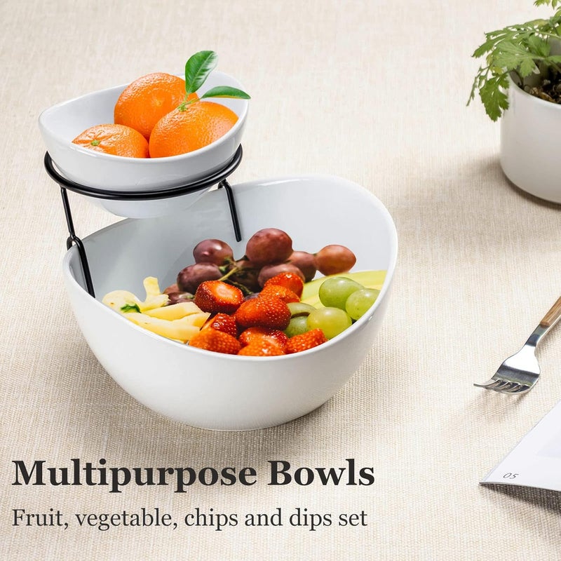 UNICASA Serving Bowls Set 2 Tier Chip and Dip Bowls with Metal Rack Stand for Fruit Salad Candy Snacks  Ceramic Tiered Appetizer Serving Dishes Food Display Stand for Parties Kitchen - Image 5