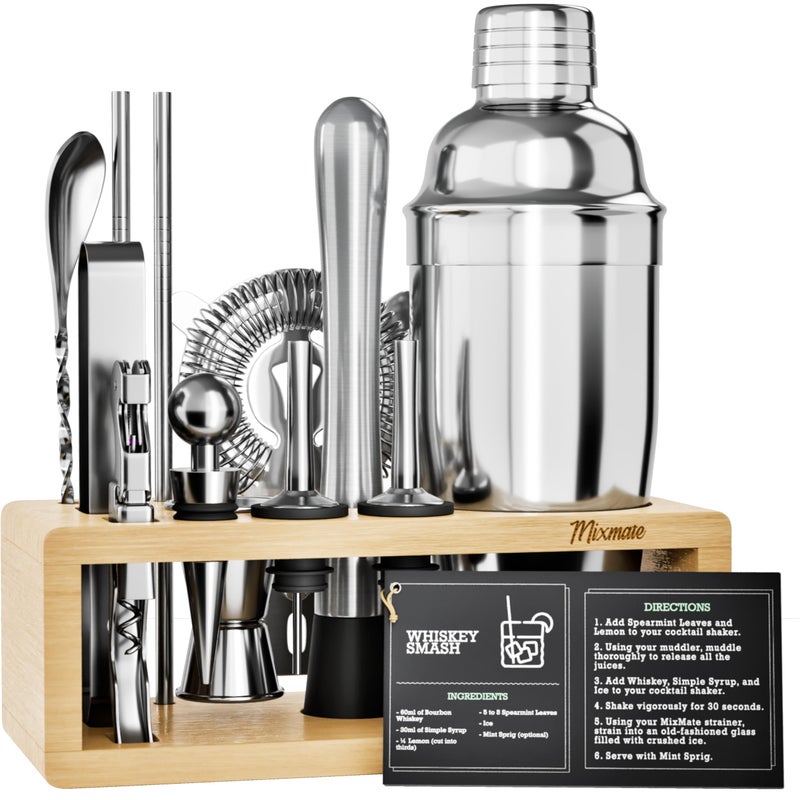 MixMate Mixology Bartender Kit with Stand 15 Piece Bar Tool Set Silver Bar Set Cocktail Shaker Set for Drink Mixing Includes Martini Shaker Jigger Strainer Bar Mixer Spoon Tongs Gift Idea Natural - Image 2