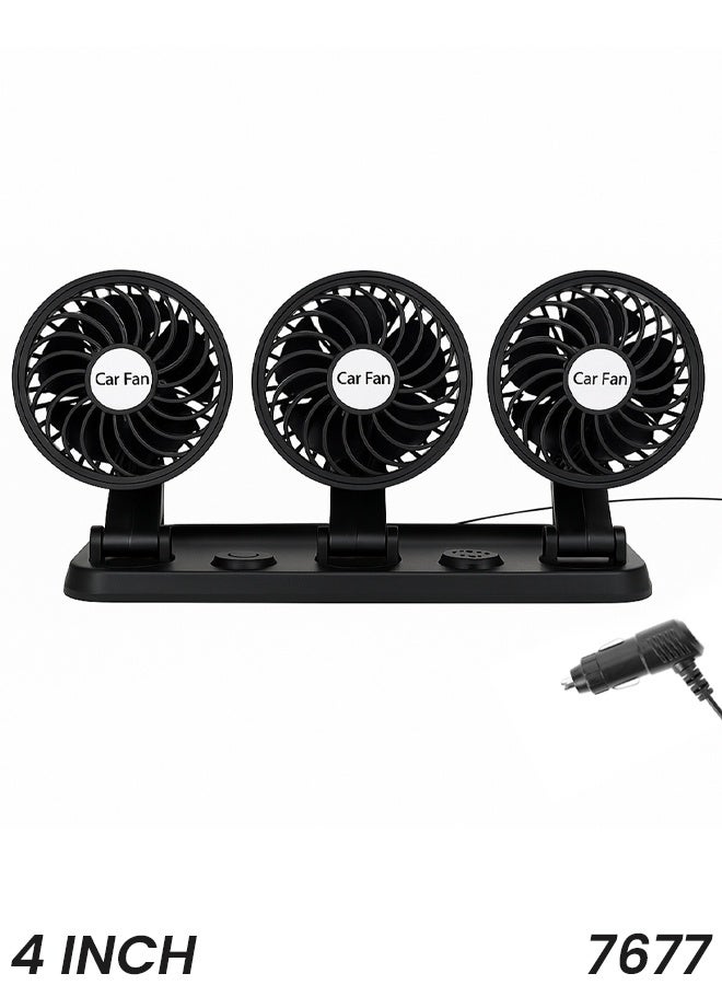12V Triple Head Car Cooling Fan 4 Inch Model 7677, 3-Speed Adjustable 360° Rotatable Dashboard Fan for Car, SUV, Truck, and Van – Low Noise, Strong Wind, Energy Saving, DC Plug - Image 1