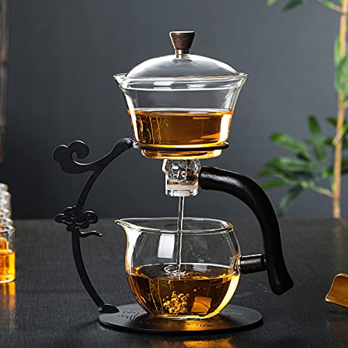 RORA Lazy Kungfu Glass Tea Set Semi Automatic Drip Rotating with Infuser Glass Teapot Set (6 cups) - Image 3