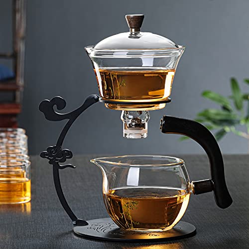 RORA Lazy Kungfu Glass Tea Set Semi Automatic Drip Rotating with Infuser Glass Teapot Set (6 cups) - Image 2