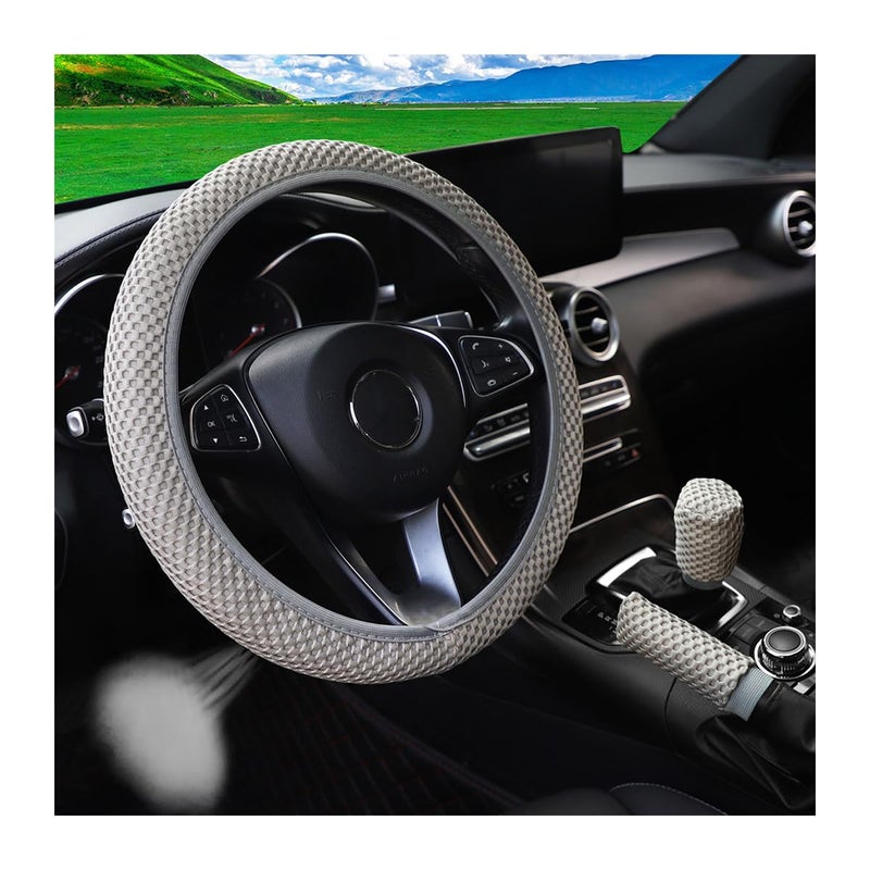 Bittwee 3PCS 15Inch Car Steering Wheel Cover Armrest Cover Gear Shift Cover Set Microfiber Breathable AntiSlip Automotive Steering Wheel Protector Vehicle Interior Decor Universal FitGray