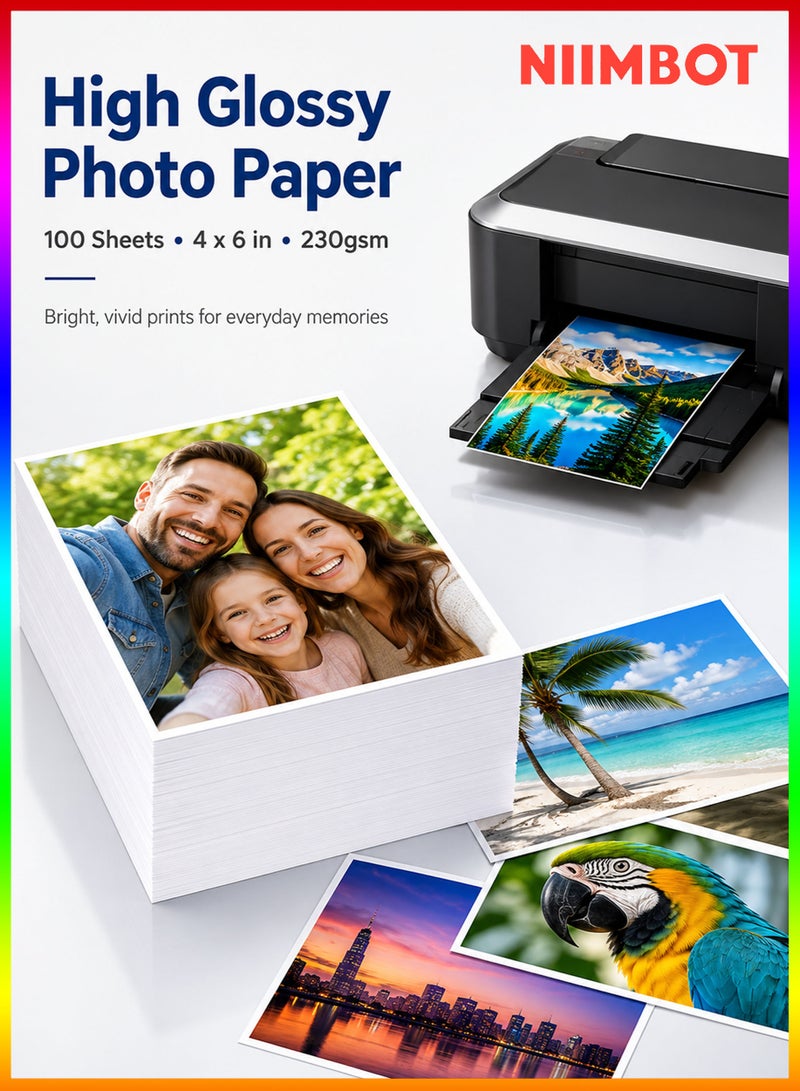 NIIMBOT 100 Sheets 4"x 6" 4R High Glossy Photographic Paper Waterproof Professional High Glossy Photo Paper For Printer Works with All Inkjet Printers 230g - Image 1