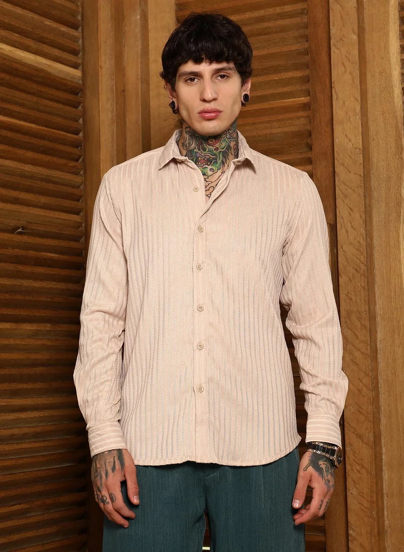 Campus Sutra Men's Khaki Beige Ripple-Trough Shirt For Casual Wear | Spread Collar | Long Cuffed Sleeves | Button Closure | Shirt Crafted With Comfort Fit For Everyday Wear