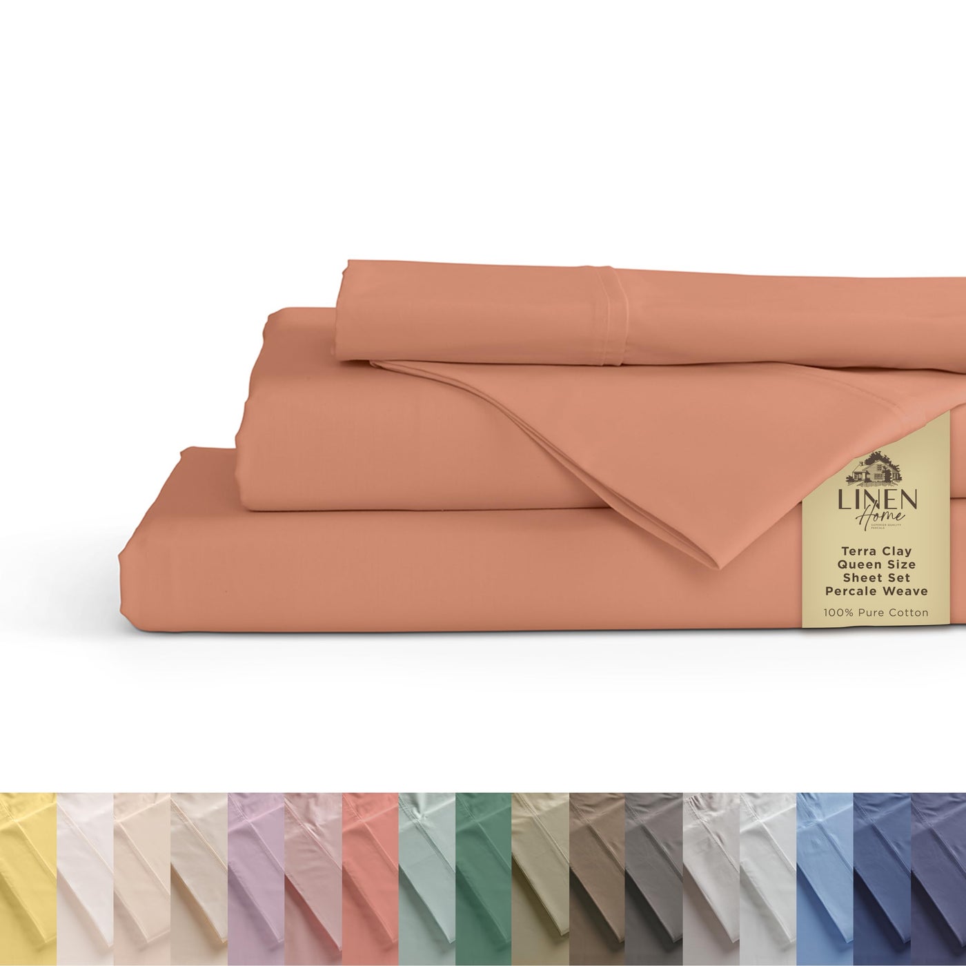 Linen Home 100% Cotton Percale Sheets Queen Size, Tera Clay, Deep Pocket, 4 Pieces Set - 1 Flat, 1 Deep Pocket Fitted Sheet and 2 Pillowcases, Crisp Cool and Strong Bed Linen