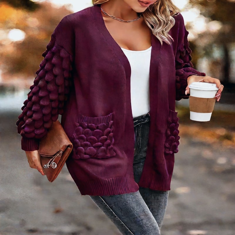 V Neck Long Sleeve Knit Cardigan Sweater with Pockets - Image 2