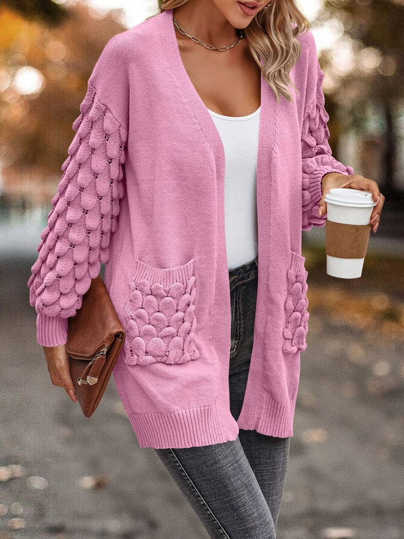 V Neck Long Sleeve Knit Cardigan Sweater with Pockets - Image 1
