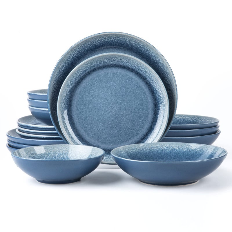 Arora FAIT Round Stoneware 16pc Double Bowl Dinnerware Set for 4 Dinner Plates Side Plates Cereal Bowls Pasta Bowls  Reactive Glaze Blue 449322