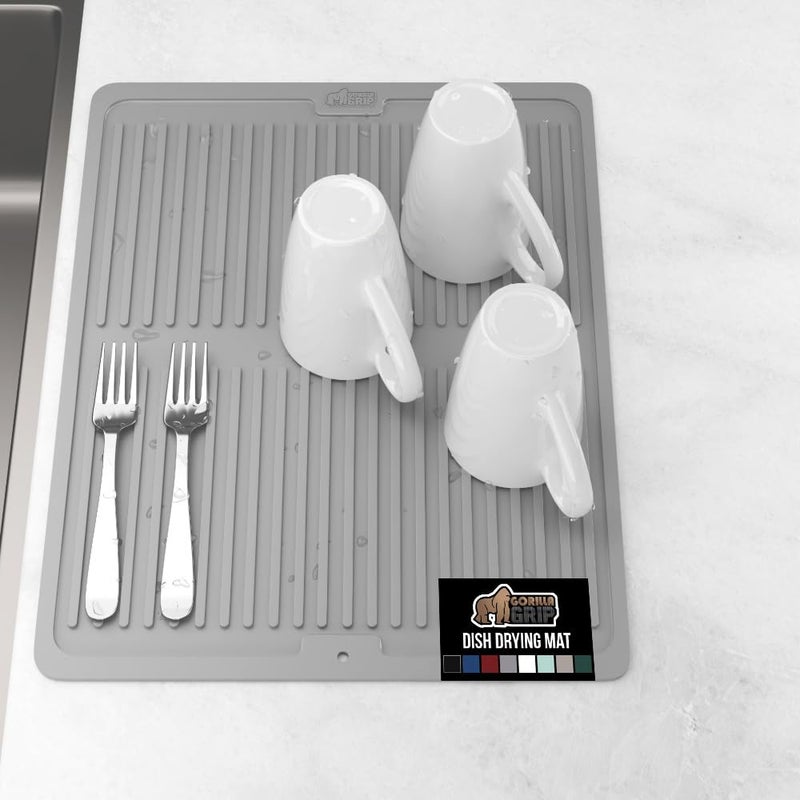 GORILLA GRIP 100 BPAFree Patented Silicone Dish Drying Mat for Kitchen Counter Water Catching Ribbed Design Easy Clean Waterproof Sink Liner Heat Resistant Fits Under Rack 16x12 Inch Gray
