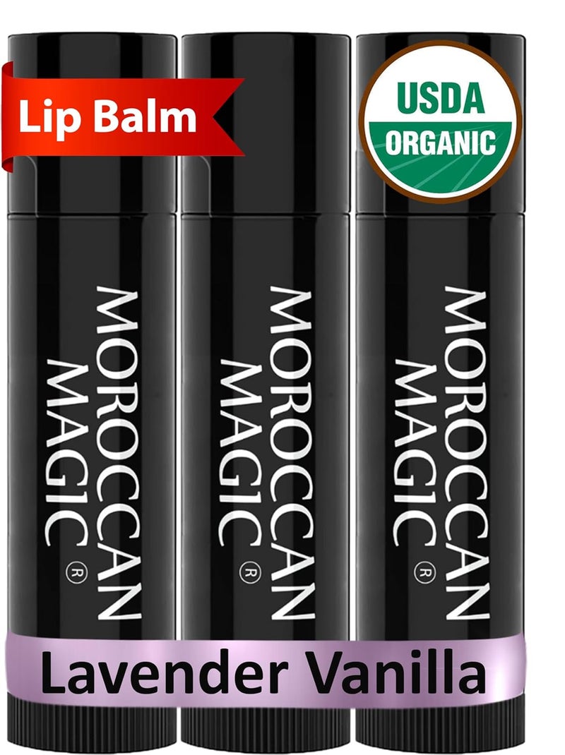 Moroccan Magic Organic Lavender Vanilla Lip Balm 3 Pack  Chapsticks for Dry Lips  Natural Argan  Essential Oils Lip Moisturizer  Vitamin E  Smooth Hydrating NonToxic  Organic Lip Balm Set