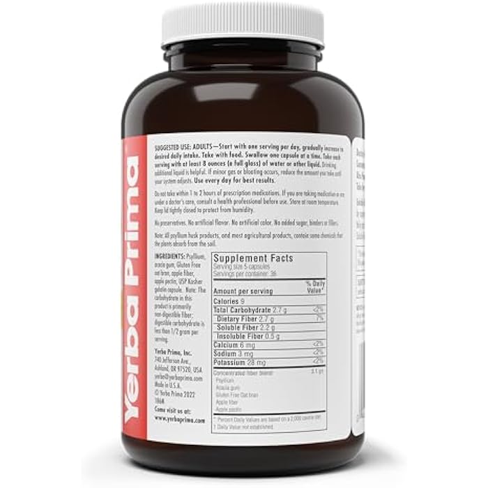 Yerba Prima Soluble Fiber Formula Capsules, 180 Count - Premium Dietary Fiber Supplement, Natural, Concentrated Soluble Fiber, Gluten Free, Non-GMO, Made in USA - Image 4
