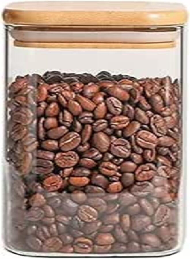 Square Kitchen Glass Jar For Preserve Spices, Nuts And Legumes With Airtight Bamboo Lid (Square 550ml)