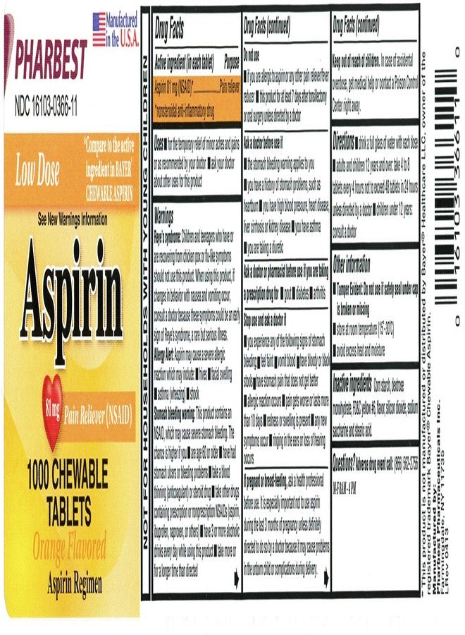 PHARBEST Aspirin 81mg Chewable Orange Tablets 1000 Count Per Bottle