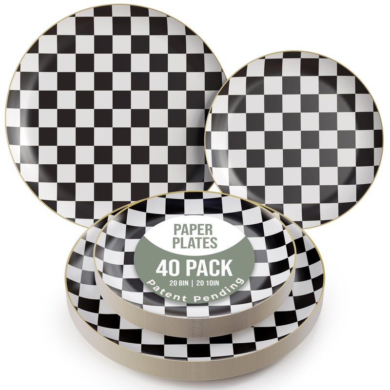 Trendables Heavy Duty Paper Plates Bulk 40 Pcs Disposable Party Plates - 20 X 8 Inch Dessert Plate & 20 X 10 Inch Paper Plate Checkered decor  black and white party decorations  race car decorations - Image 1