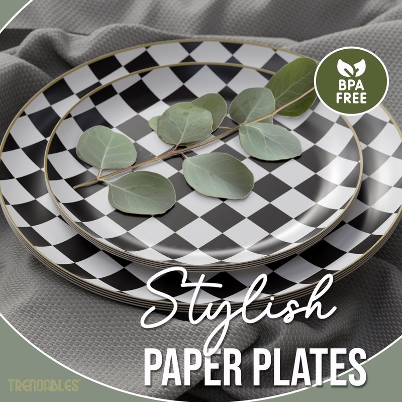 Trendables Heavy Duty Paper Plates Bulk 40 Pcs Disposable Party Plates - 20 X 8 Inch Dessert Plate & 20 X 10 Inch Paper Plate Checkered decor  black and white party decorations  race car decorations - Image 5