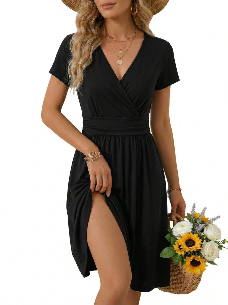 OUGES Summer Dress with Pockets Casual Lightweight Flowy Midi Sundress Work Church Wedding Guest Dresses(Black,S) - Image 1