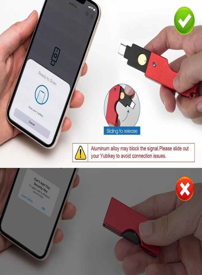ريير حافظة حماية من الألومنيوم مناسبة لمفتاح Yubikey 5C NFC - حامل سلسلة مفاتيح بتصميم قلاب منزلق لسهولة الوصول والحماية اليومية، لون أحمر - Image 3