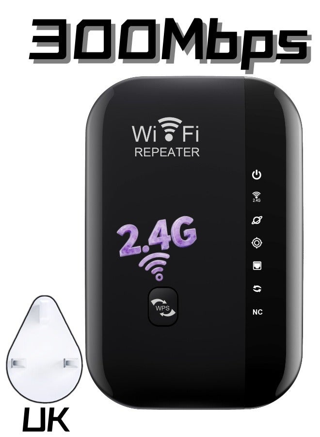 300Mbps WiFi Extender, 2.4Ghz Single Band, Internet Booster, Wireless Internet Repeater - Black - Image 1