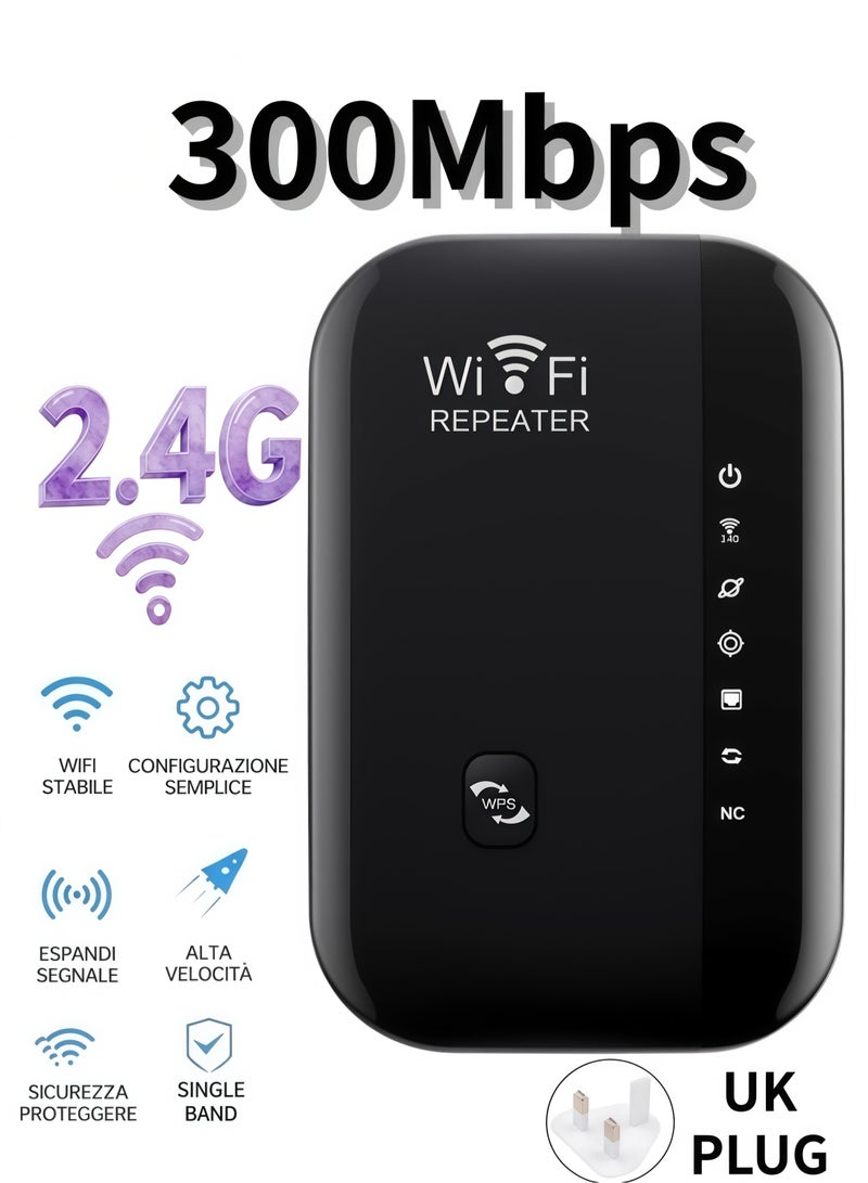 300Mbps Wireless WiFi Extender, 2.4Ghz Single Band, Wireless Internet Booster, Wireless Internet Repeater, Router Extender - Black - Image 1