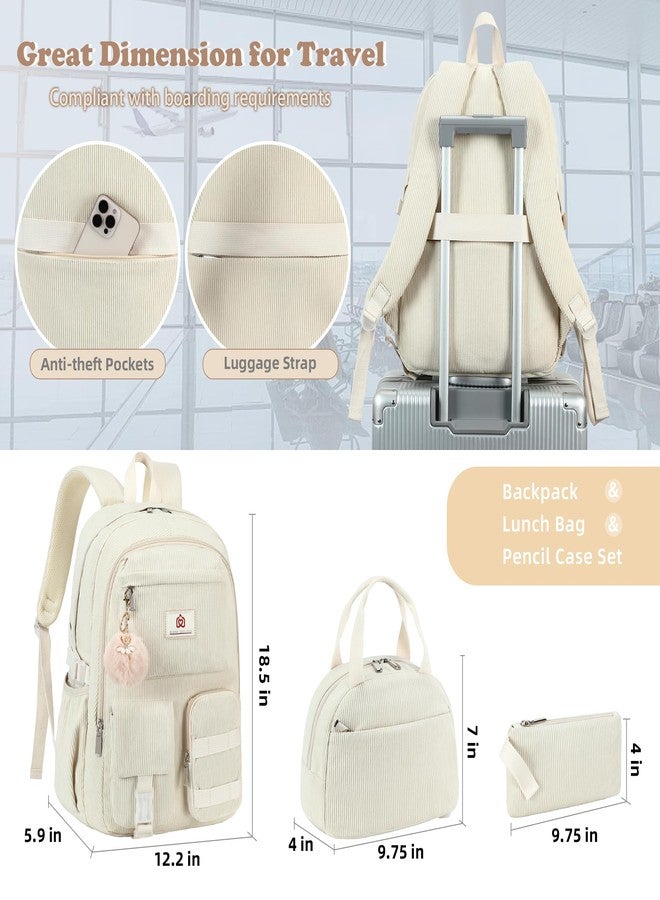 Hidds School Backpack with Lunch Box Laptop College Backpacks Corduroy Students Bookbag with Lunch Bag for Teens Girls Women, 13-corduroy Beige Set, Medium, School Backpack, College Backpack, Bookbag - Image 3
