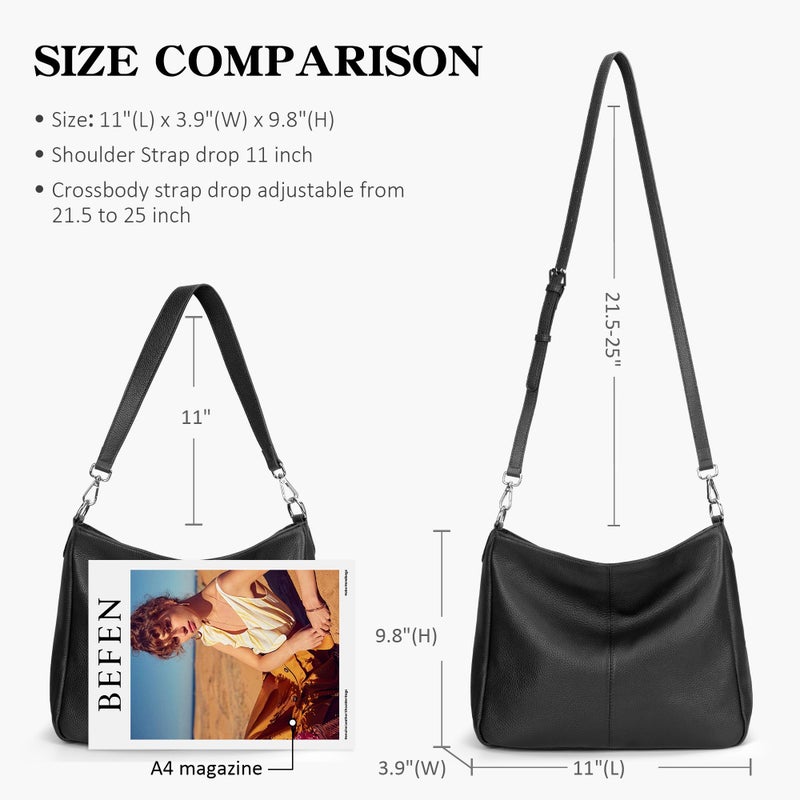 befen Black Genuine Leather Hobo Bags Purses for Women, Women's Shoulder bag Handbags Crossbody Bag with 2 Shoulder Straps - Image 5