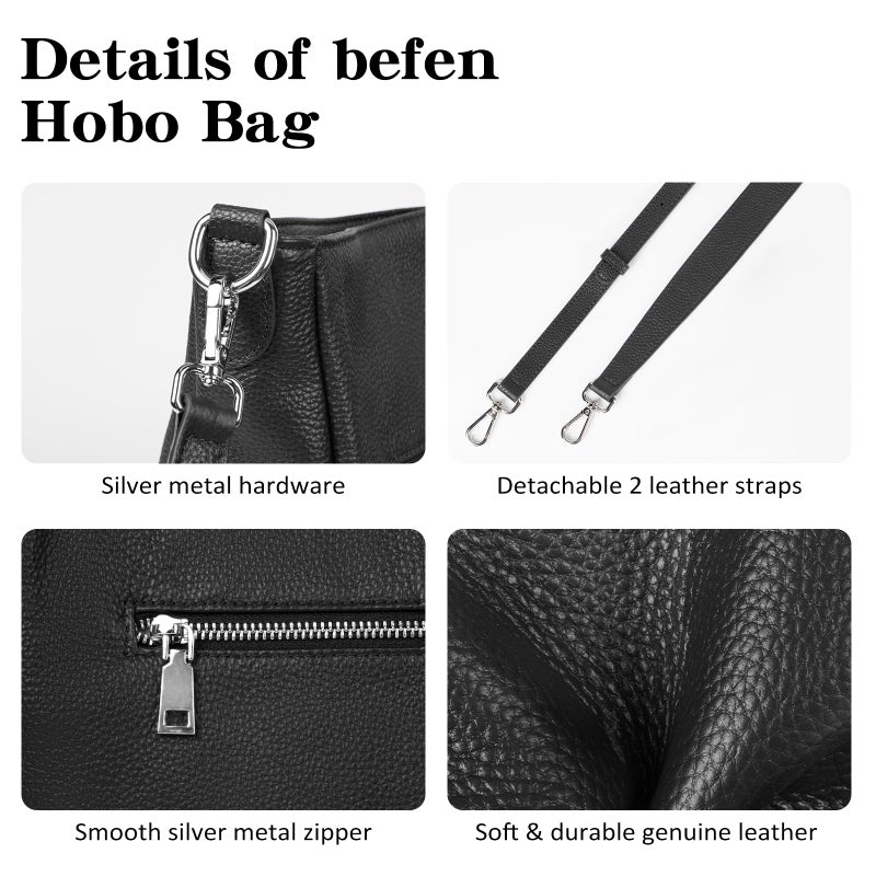 befen Black Genuine Leather Hobo Bags Purses for Women, Women's Shoulder bag Handbags Crossbody Bag with 2 Shoulder Straps - Image 4