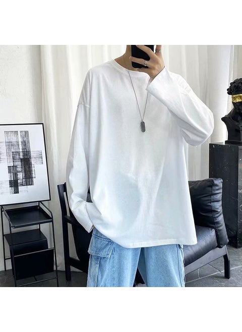 Factory wholesale spring and autumn mens round neck long sleeve t-shirt slim trend solid color top T-shirt autumn clothes base shirt White