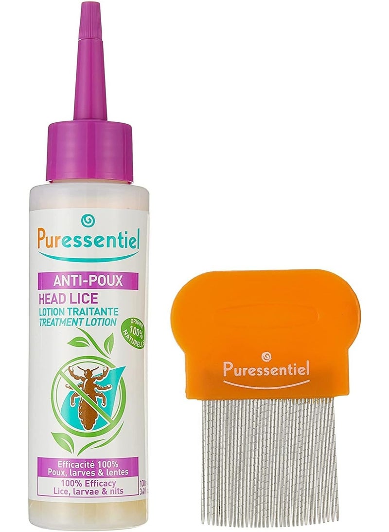Puressentiel Anti-Lice Treatment Lotion and Comb 100 ml - Head lice lotion, 100% natural origin, proven efficacy in 10 minutes, micro-grooved comb 