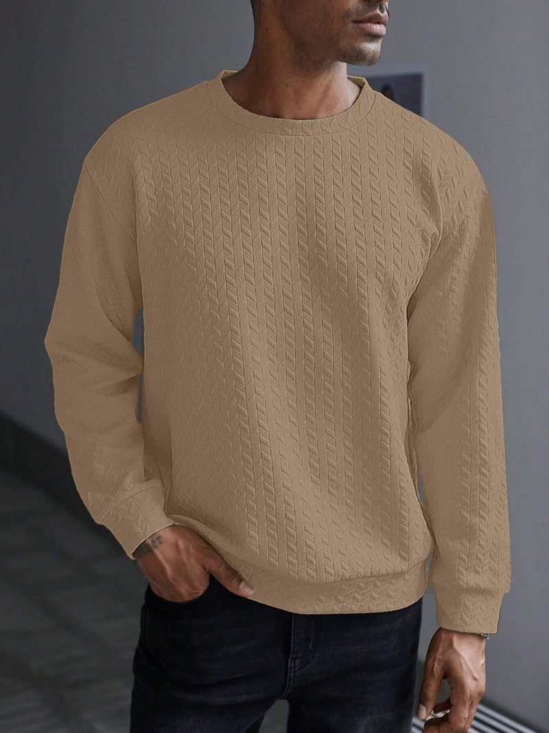 KAJARU Men's Textured Full Sleeve Sweatshirt, Geometric Pattern, Crew Neck, Casual Wear (in, Alpha, L, CHIKU) - Image 4