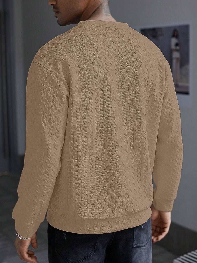 KAJARU Men's Textured Full Sleeve Sweatshirt, Geometric Pattern, Crew Neck, Casual Wear (in, Alpha, L, CHIKU) - Image 3
