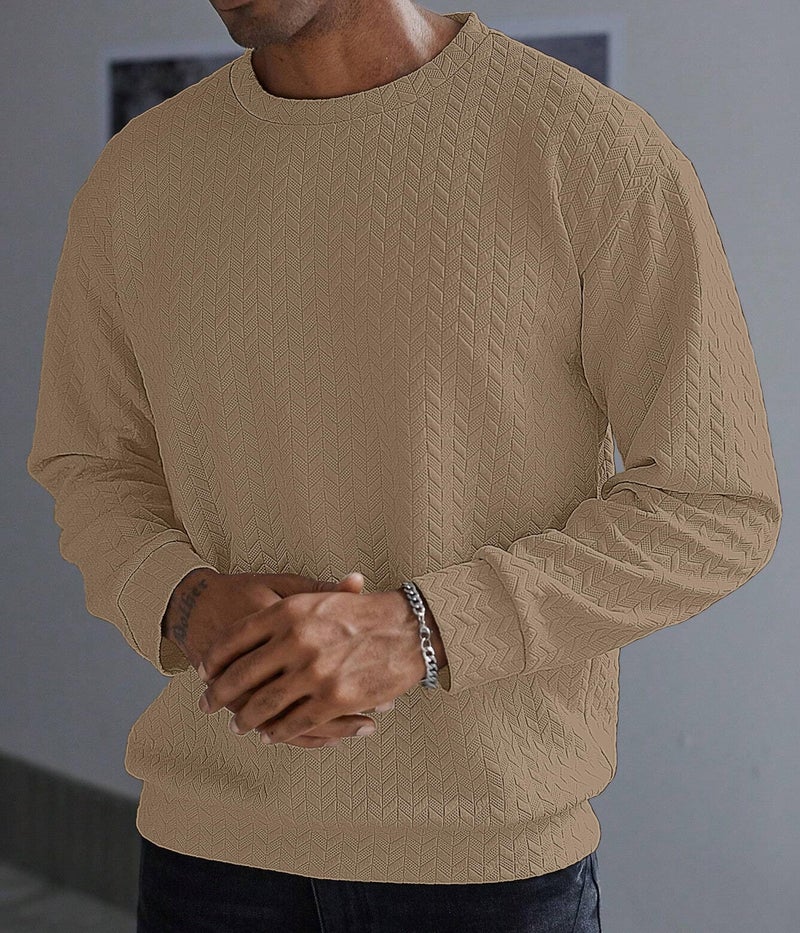 KAJARU Men's Textured Full Sleeve Sweatshirt, Geometric Pattern, Crew Neck, Casual Wear (in, Alpha, L, CHIKU) - Image 2