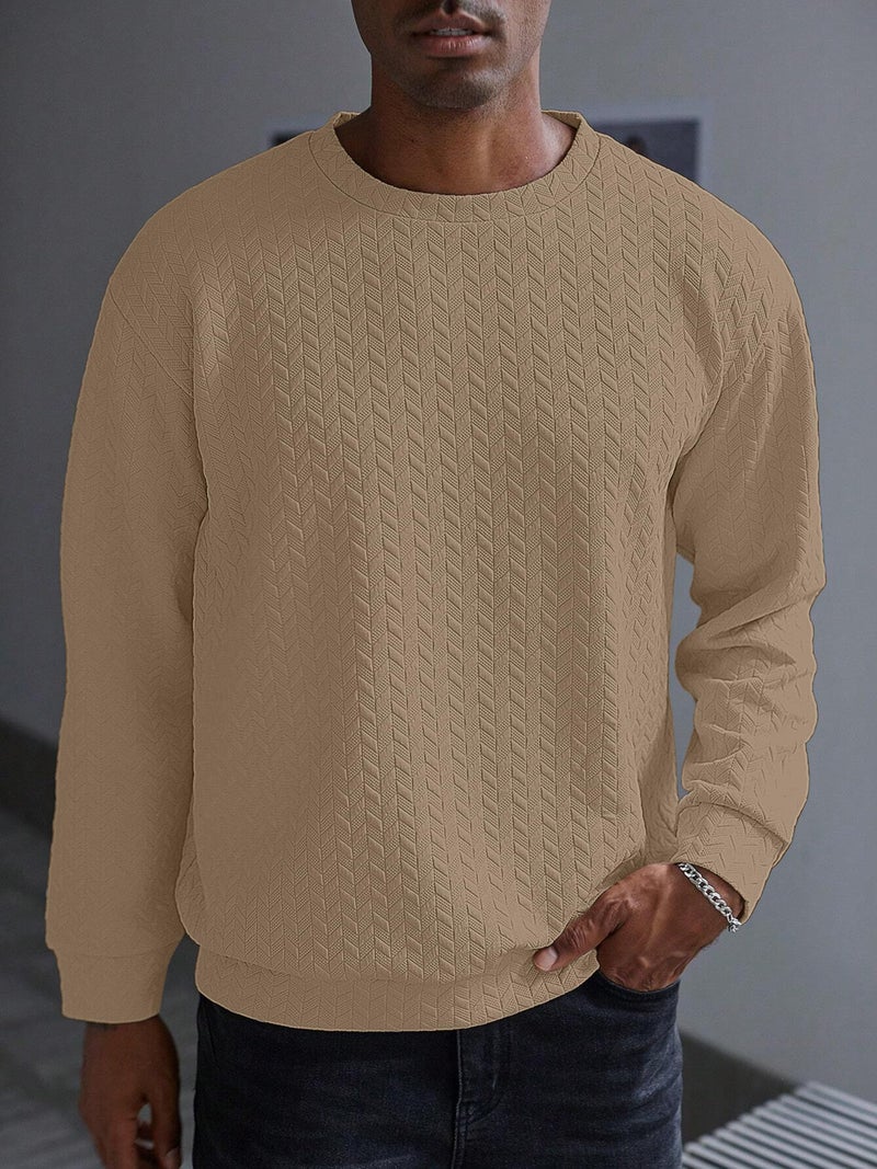 KAJARU Men's Textured Full Sleeve Sweatshirt, Geometric Pattern, Crew Neck, Casual Wear (in, Alpha, L, CHIKU) - Image 5