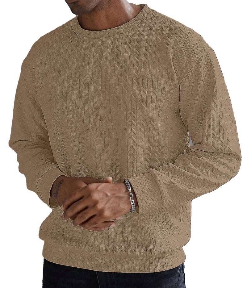 KAJARU Men's Textured Full Sleeve Sweatshirt, Geometric Pattern, Crew Neck, Casual Wear (in, Alpha, L, CHIKU) - Image 1