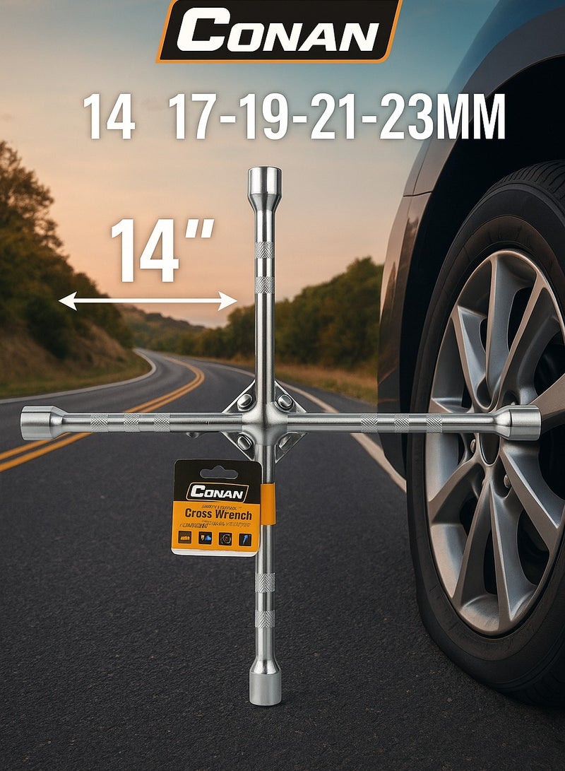 Conan 14-inch Cross Wrench – 4-Way Lug Nut Wrench (17/19/21/23mm) – Chrome Vanadium Steel Cr-V - Image 3