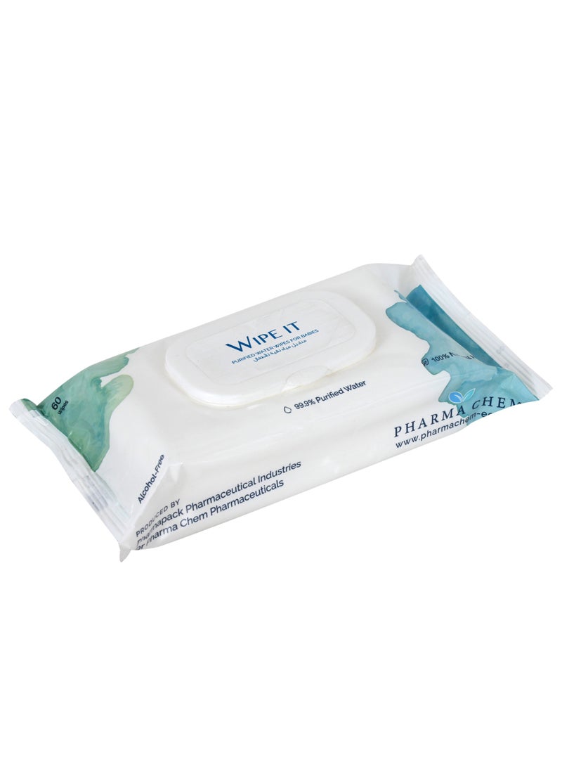 وايب ات Wipe It مناديل أطفال مبللة بالماء 99.9% ماء مقطر، 60 منديل، خالية من الكحول، مكونات طبيعية 100%، مناسبة لحديثي الولادة والبشرة الحساسة - Image 3