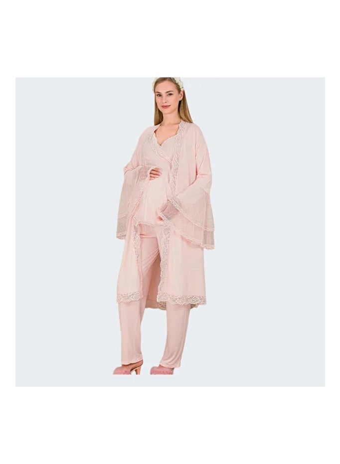 Lady Lingerie 3-Piece Maternity & Nursing Pajama Set | Cross-Over Nursing Top, Adjustable Waist Pants & Lace Robe | Soft Cotton Viscose Blend | Made in Turkey - Image 5