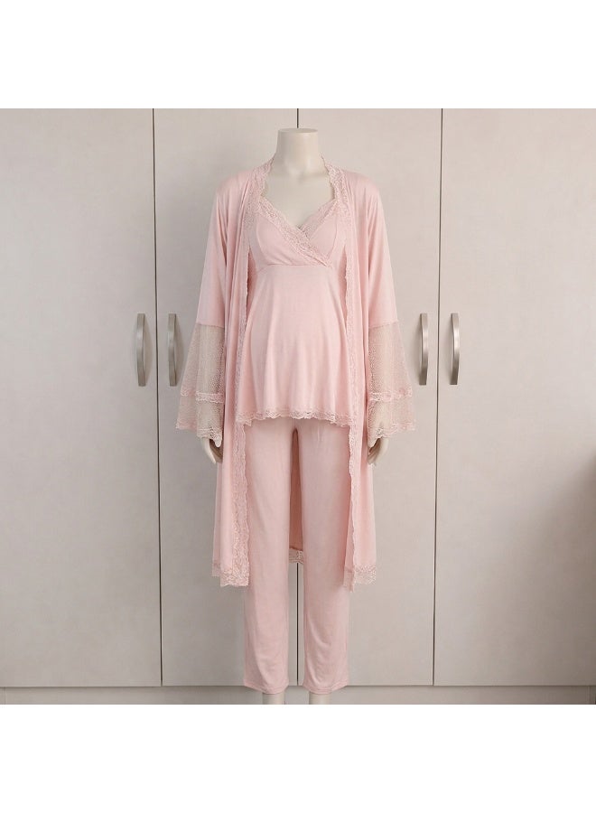 Lady Lingerie طقم بيجامة حوامل ومرضعات مكون من 3 قطع | بلوزة مع بنطال بخصر قابل للتعديل وروب دانتيل | مزيج القطن والفيسكوز | صنع في تركيا - Image 1