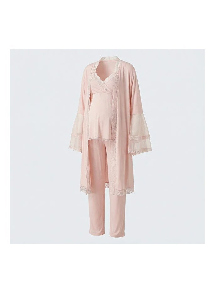 Lady Lingerie طقم بيجامة حوامل ومرضعات مكون من 3 قطع | بلوزة مع بنطال بخصر قابل للتعديل وروب دانتيل | مزيج القطن والفيسكوز | صنع في تركيا - Image 3