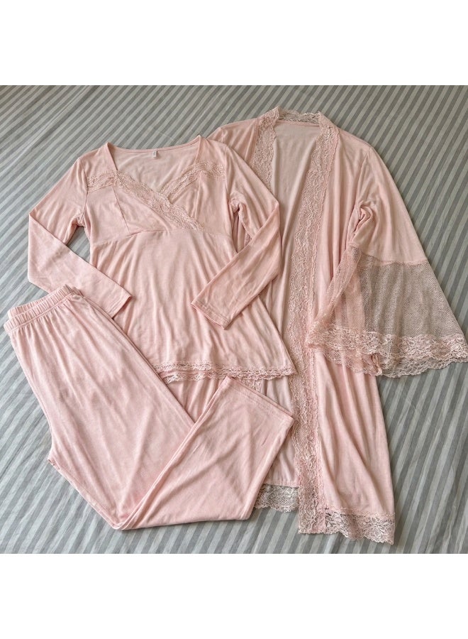 Lady Lingerie طقم بيجامة حوامل ومرضعات مكون من 3 قطع | بلوزة مع بنطال بخصر قابل للتعديل وروب دانتيل | مزيج القطن والفيسكوز | صنع في تركيا - Image 2