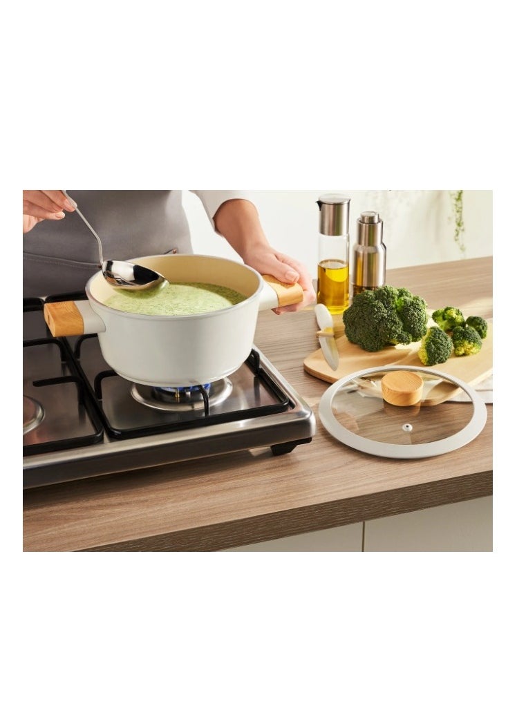 Homemaker - Swiss Crystal High Quality Ceramic Coating Non-Stick Casserole - 18cm- Glass Lid With Protective Silicon Edge - Natural Wood Handles and Knob - Beige - Image 1