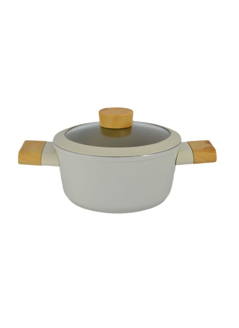 Homemaker - Swiss Crystal High Quality Ceramic Coating Non-Stick Casserole - 18cm- Glass Lid With Protective Silicon Edge - Natural Wood Handles and Knob - Beige - Image 1