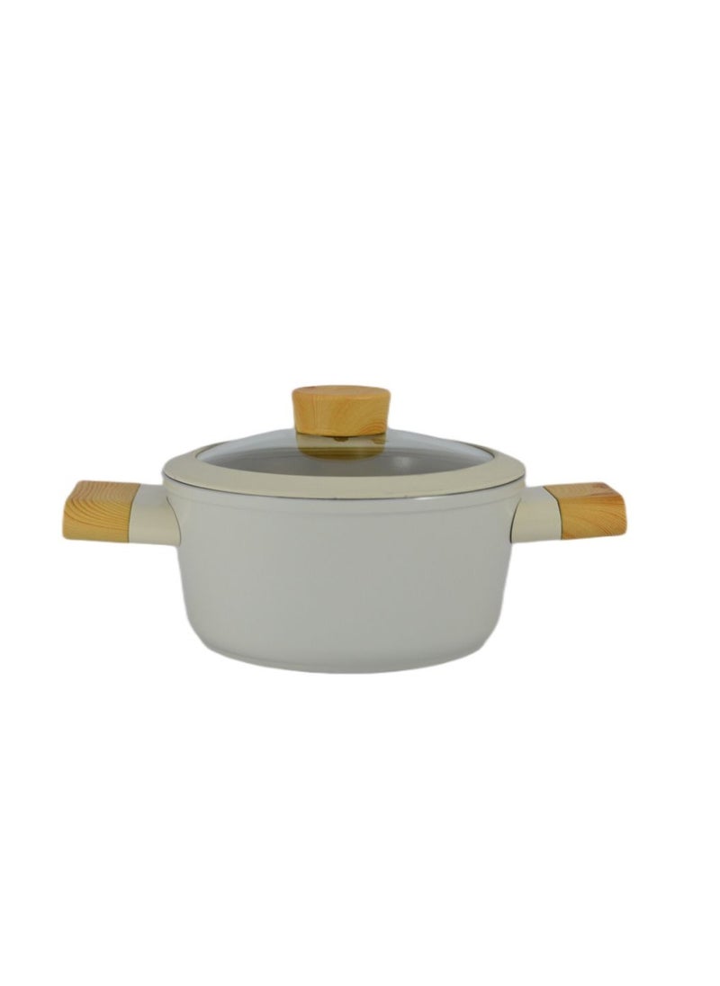 Homemaker - Swiss Crystal High Quality Ceramic Coating Non-Stick Casserole - 18cm- Glass Lid With Protective Silicon Edge - Natural Wood Handles and Knob - Beige - Image 1
