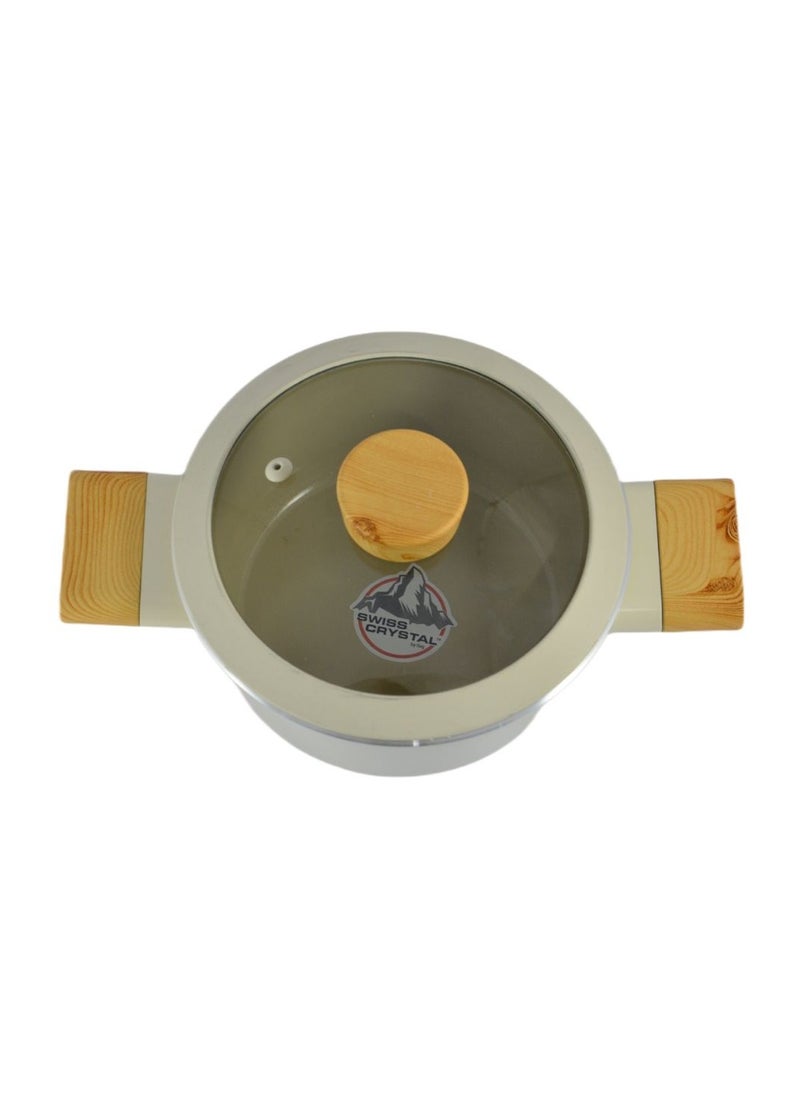 Homemaker - Swiss Crystal High Quality Ceramic Coating Non-Stick Casserole - 18cm- Glass Lid With Protective Silicon Edge - Natural Wood Handles and Knob - Beige - Image 1