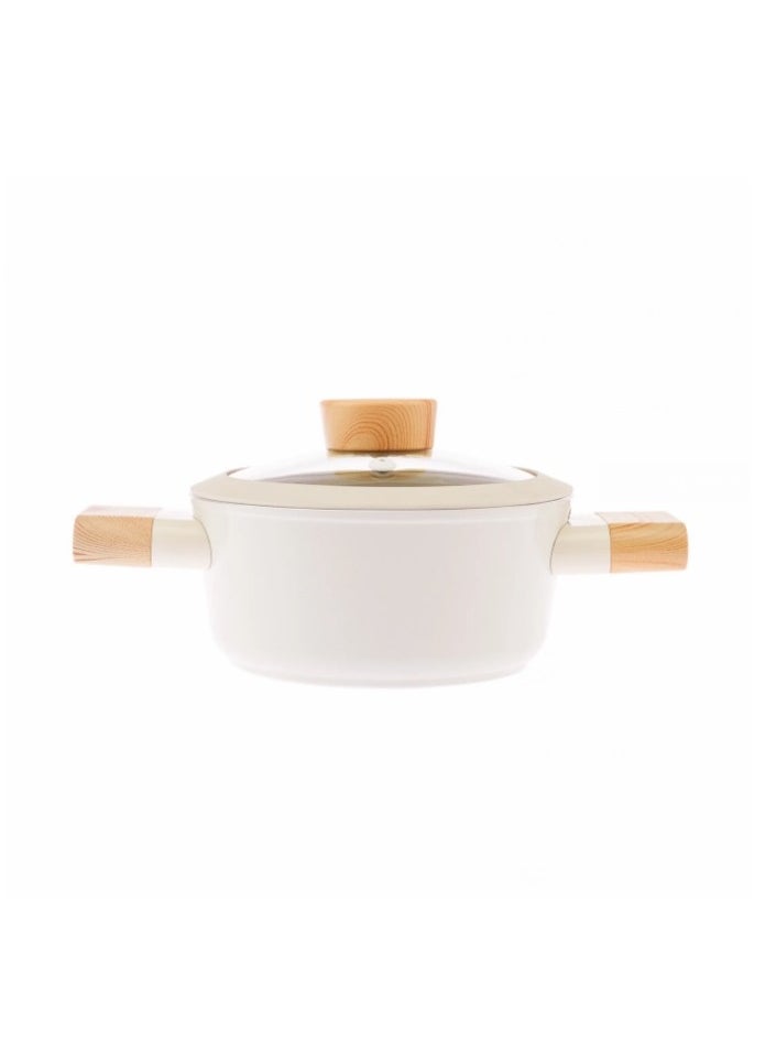Homemaker - Swiss Crystal High Quality Ceramic Coating Non-Stick Casserole - 18cm- Glass Lid With Protective Silicon Edge - Natural Wood Handles and Knob - Beige - Image 1