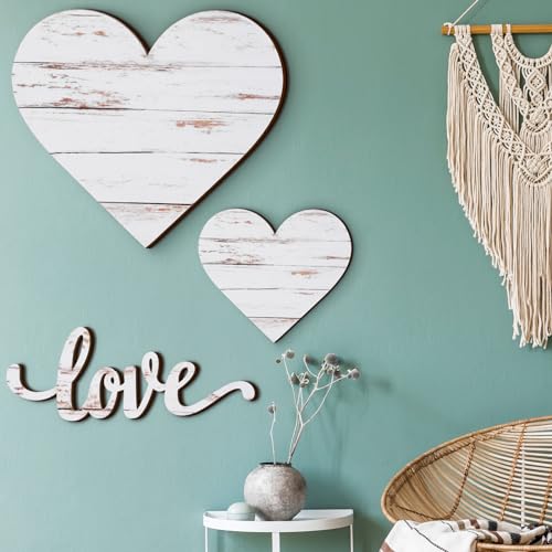 Chitidr 3 Pcs Wooden Hearts Decor Heart Wooden Sign Rustic Hanging Love Plaque for Wall Home Farmhouse Living Room Bedroom Gifts(White) - Image 1