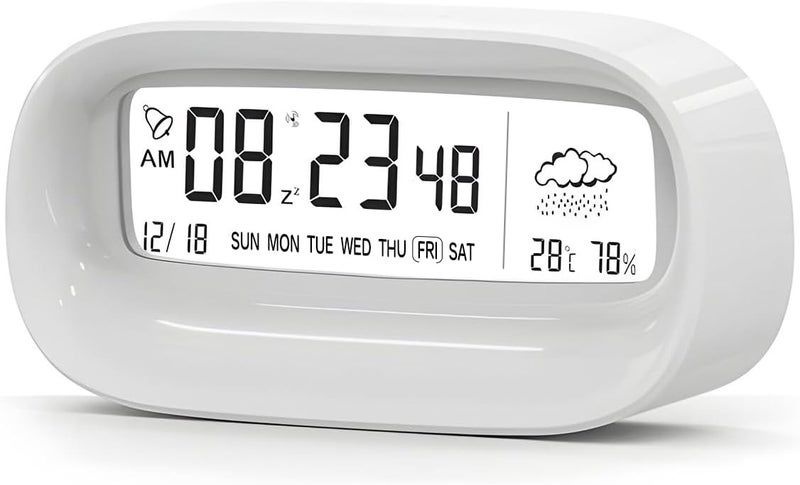 ECVV Digital Alarm Clock, Transparent LED Display Desk Clocks, Temperature Humidity Meter Snooze Weather Calendar Count Down Multifunction Timer BATTERY (Exclude) Operated for Office, Study Room-White - Image 1