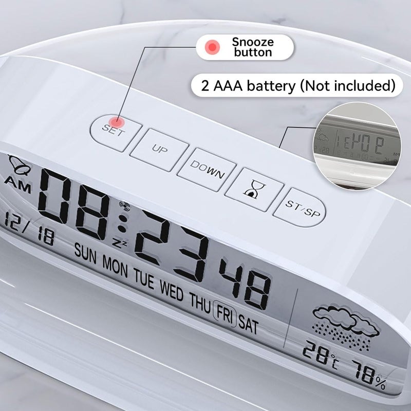 ECVV Digital Alarm Clock, Transparent LED Display Desk Clocks, Temperature Humidity Meter Snooze Weather Calendar Count Down Multifunction Timer BATTERY (Exclude) Operated for Office, Study Room-White - Image 4