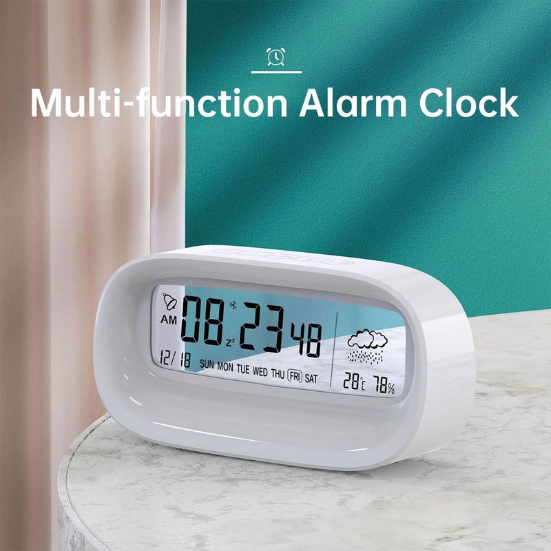 ECVV Digital Alarm Clock, Transparent LED Display Desk Clocks, Temperature Humidity Meter Snooze Weather Calendar Count Down Multifunction Timer BATTERY (Exclude) Operated for Office, Study Room-White - Image 3