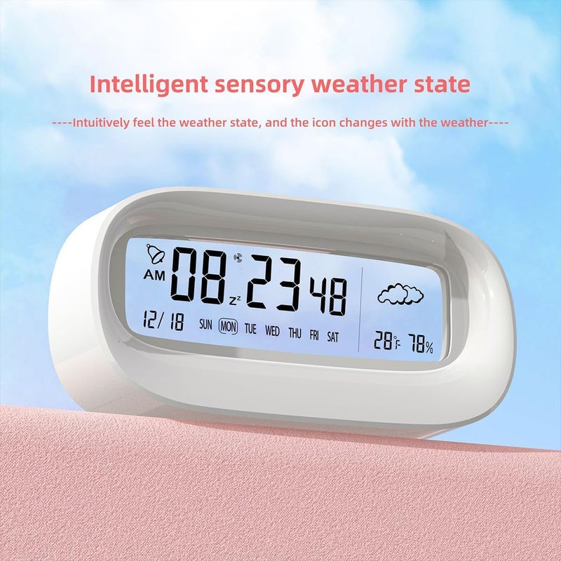 ECVV Digital Alarm Clock, Transparent LED Display Desk Clocks, Temperature Humidity Meter Snooze Weather Calendar Count Down Multifunction Timer BATTERY (Exclude) Operated for Office, Study Room-White - Image 2